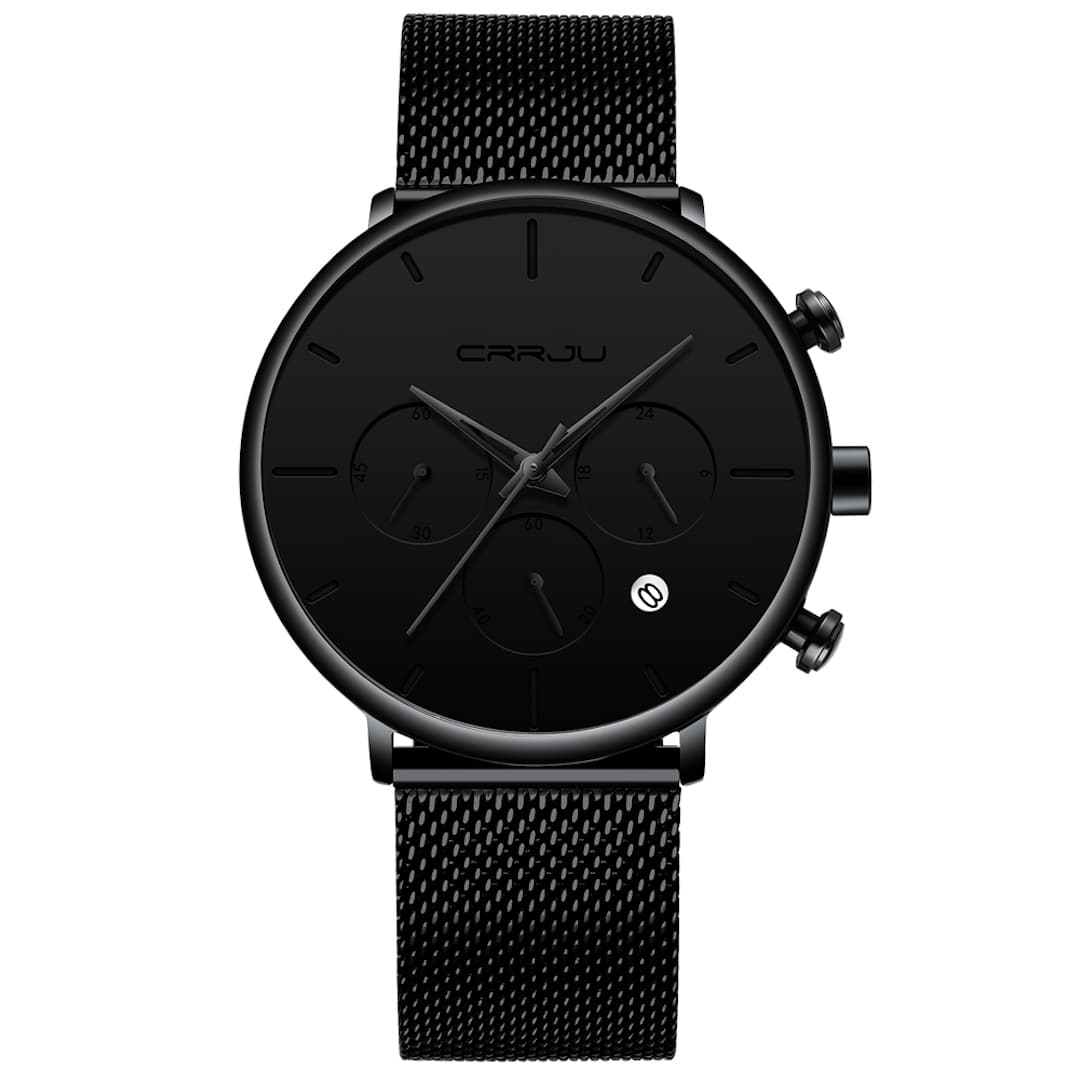 Ročna ura Crrju Chrono Black z črnimi kazalci in kronografi na beli podlagi.