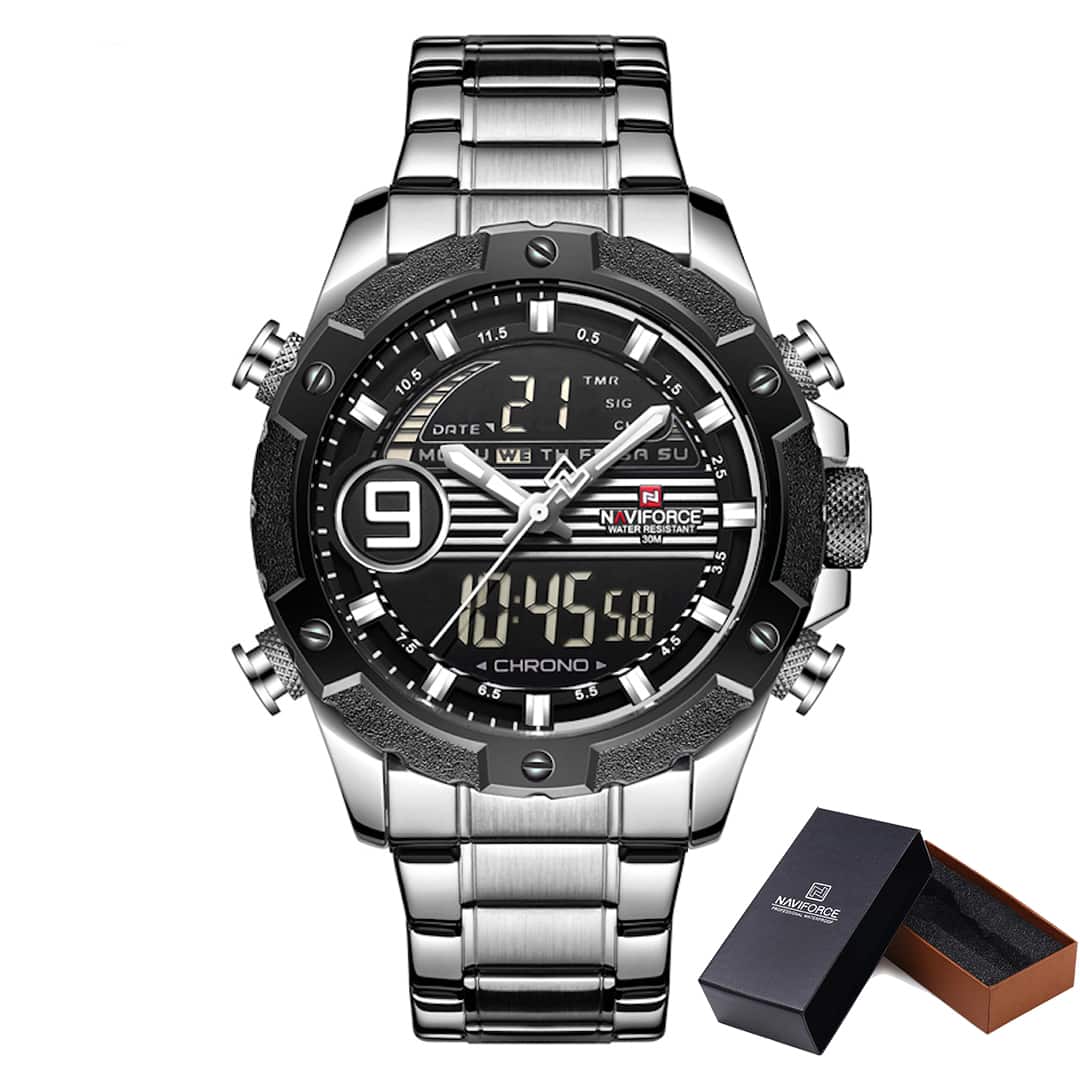 Moška ročna ura NaviForce Racing Line Silver s kovinskim paščkom iz nerjavečega jekla in kombinacijo analognega ter digitalnega prikaza.