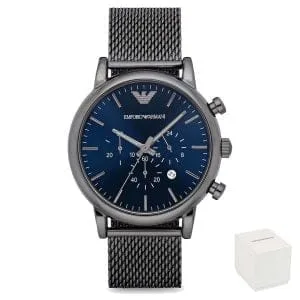 Sprednji pogled na moško ročno uro Emporio Armani AR1979 z modro številčnico in kovinskim paščkom