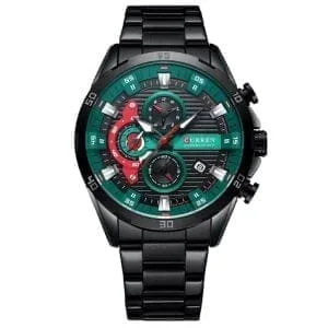 Moška ročna ura Curren Chronograph Red z zeleno in rdečo številčnico ter kovinskim paščkom.