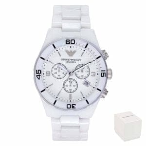 Sprednji pogled na moško ročno uro Emporio Armani AR1424 Ceramica z belo številčnico in kronografom