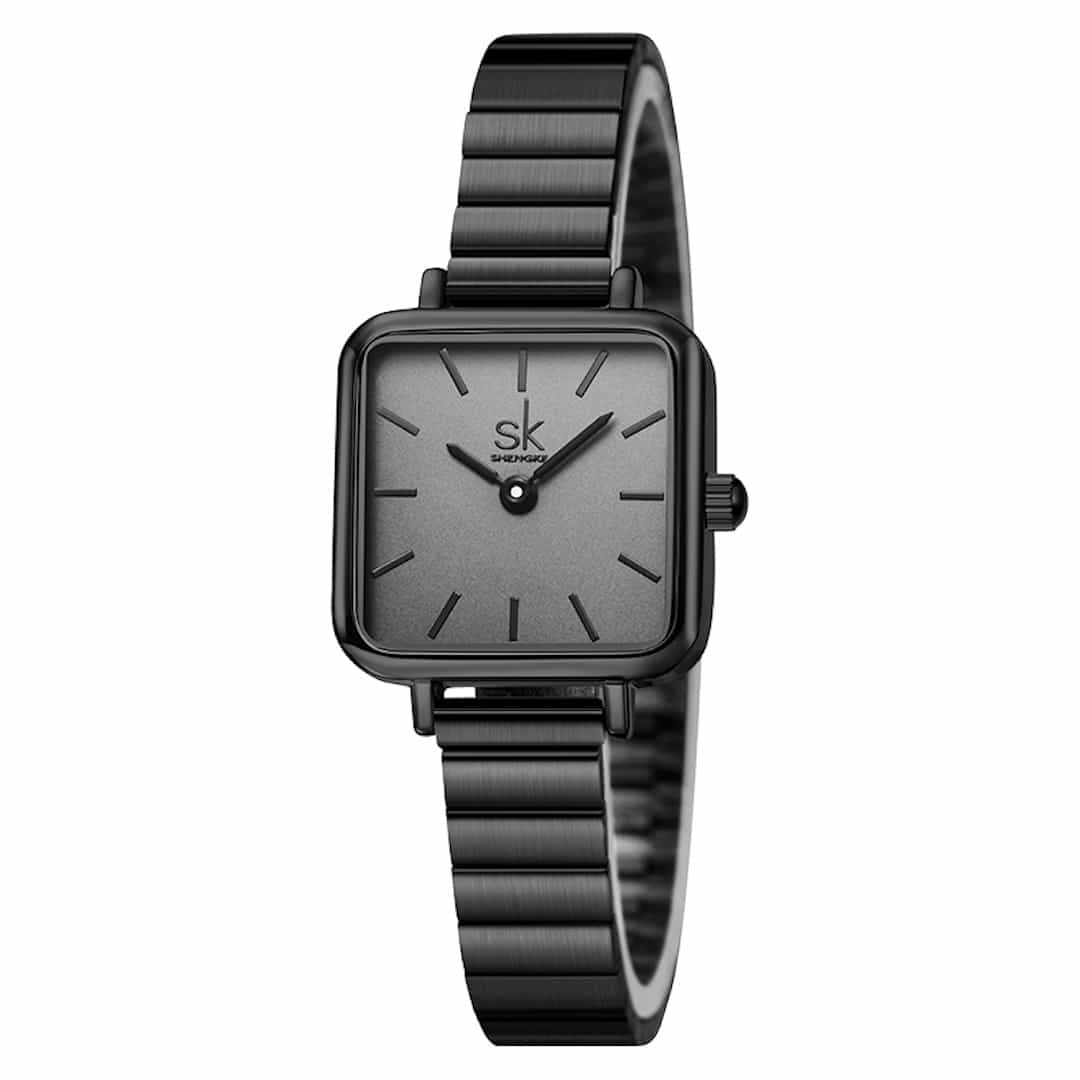 Ženska ročna ura SK Shengke Luxe Black - bližnji pogled na številčnico.