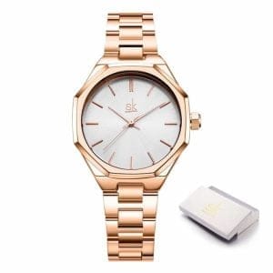 Ženska ročna ura SK Shengke Quantum Rose Gold s paščkom v barvi rožnatega zlata in srebrno številčnico z rožnato zlatimi kazalci.