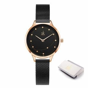 Ženska ročna ura SK Shengke Radiance Black s kovinskim paščkom in elegantno črno številčnico.