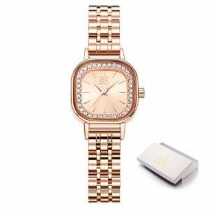 Ženska ročna ura SK Shengke Radiant Rose Gold s kvadratno številčnico in kristali.