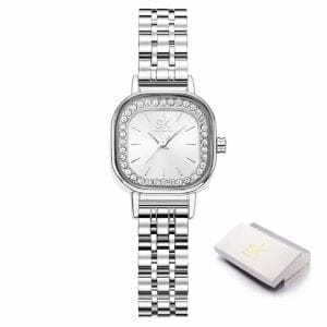 Ženska ročna ura SK Shengke Radiant Silver s kvadratno številčnico in kristali.