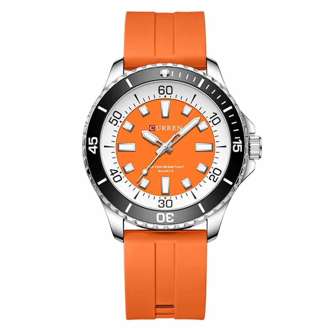 Moška ročna ura Curren Explorer Orange z oranžno številčnico, črno luneto in silikonskim paščkom.