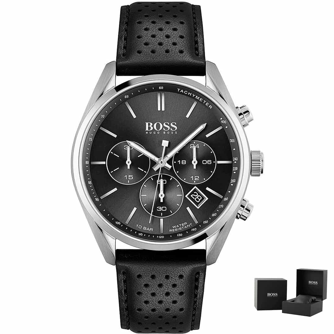 Moška ročna ura Hugo Boss Champion 1513816 s črnim usnjenim paščkom.