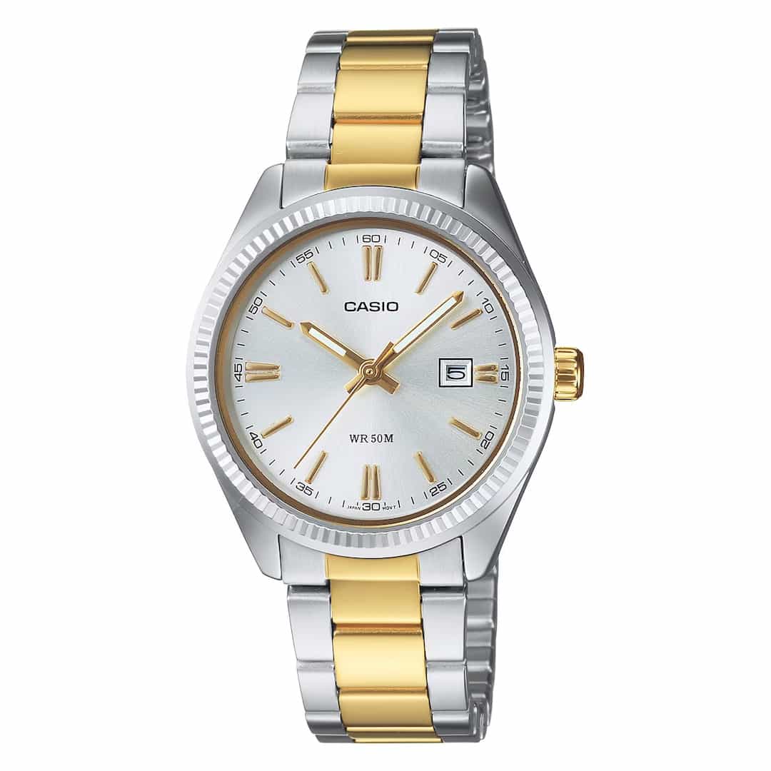 Ženska ročna ura Casio Collection LTP-1302PSG-7AVEF s srebrno-zlato zapestnico in elegantno srebrno številčnico z zlatimi kazalci. Klasičen in brezčasen dizajn.