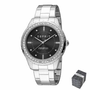 Ženska ročna ura Esprit Skyler XL ES1L353M0075 s srebrnim ohišjem, črno številčnico in kristali na obroču. Elegantna in prestižna izbira.