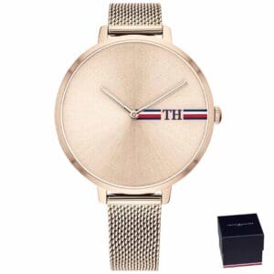 Ženska ročna ura Tommy Hilfiger 1782158 v rose gold barvi z minimalistično številčnico in mrežastim paščkom iz nerjavečega jekla.