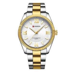 Moška ročna ura Curren Regent Gold/White s črno številčnico, zlatimi rimskimi številkami in dvobarvnim kovinskim paščkom.