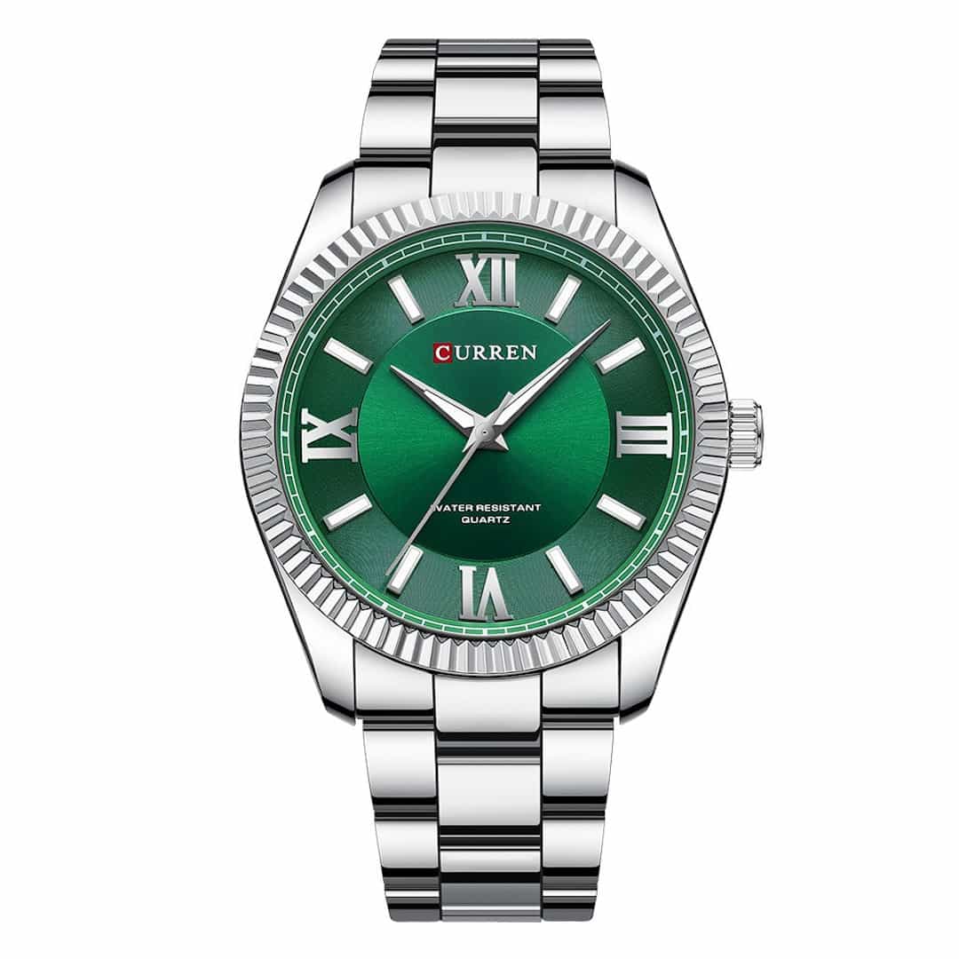 Moška ročna ura Curren Regent Green s srebrnim ohišjem in zeleno številčnico z rimskimi številkami.