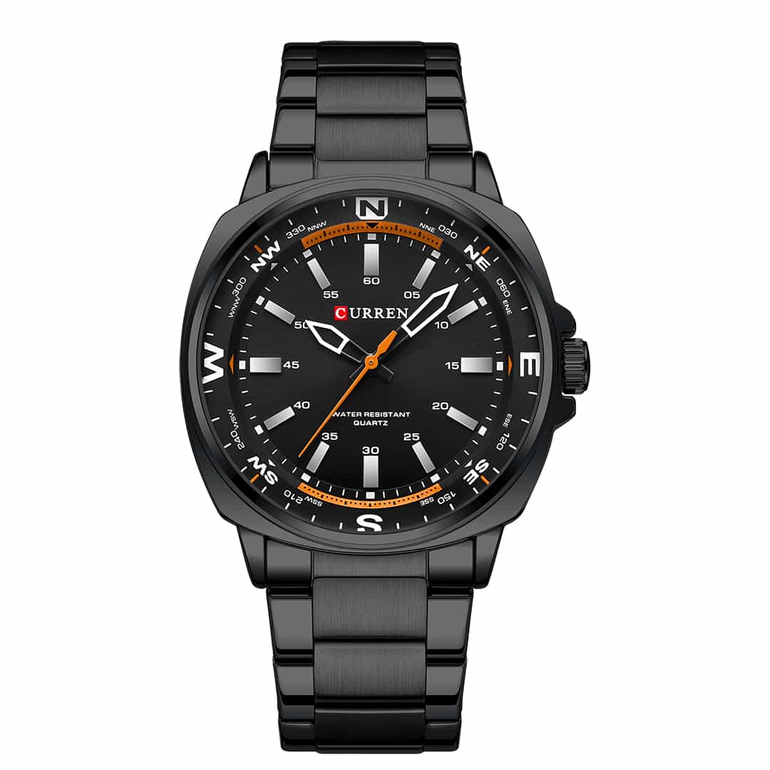 Moška ročna ura Curren Zenith Black s črno številčnico, oranžnimi detajli in kovinskim črnim paščkom.
