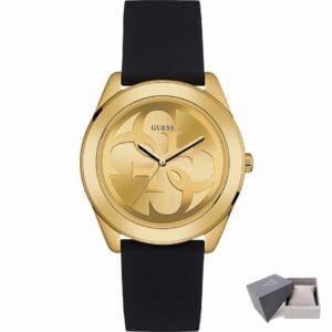Ženska črno-zlata ura Guess G Twist W0911L3 s silikonskim paščkom in logotipom na številčnici