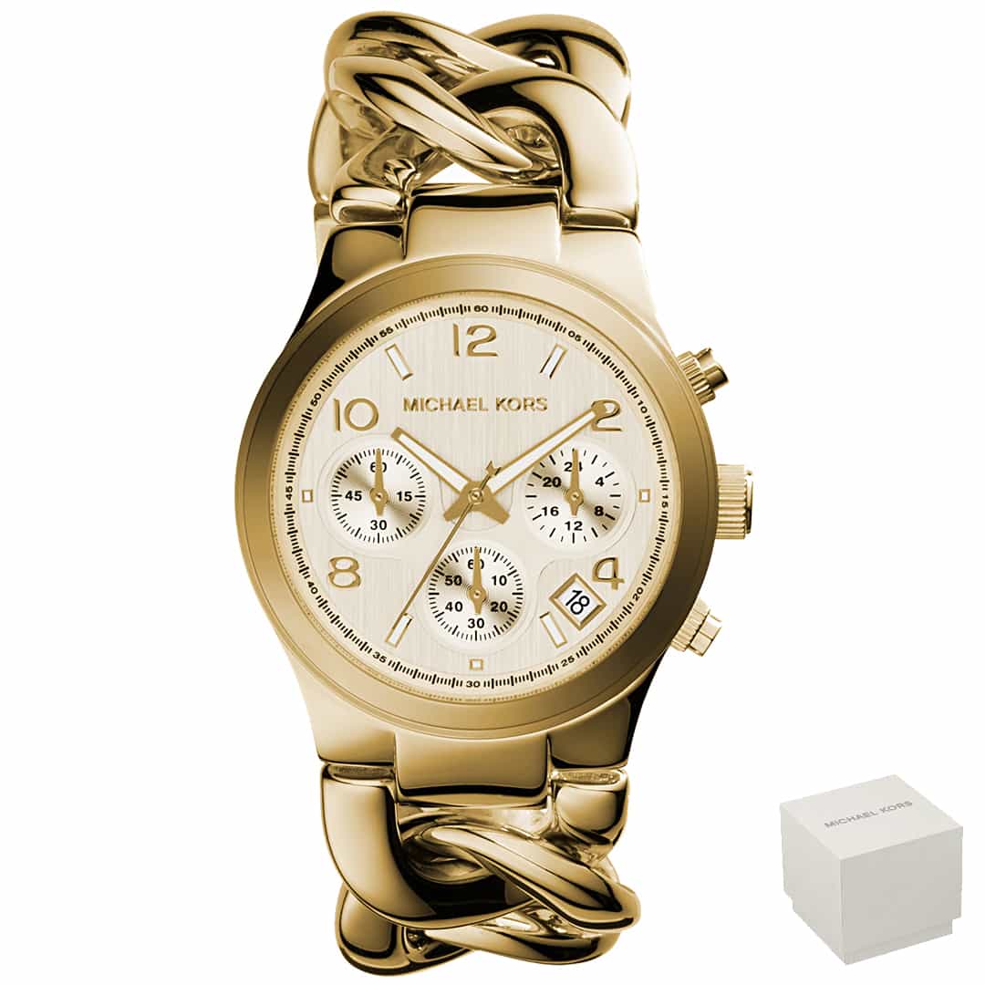 Ženska ura Michael Kors Runway Twist MK3131 z zlato verižasto zapestnico in kronograf funkcijo