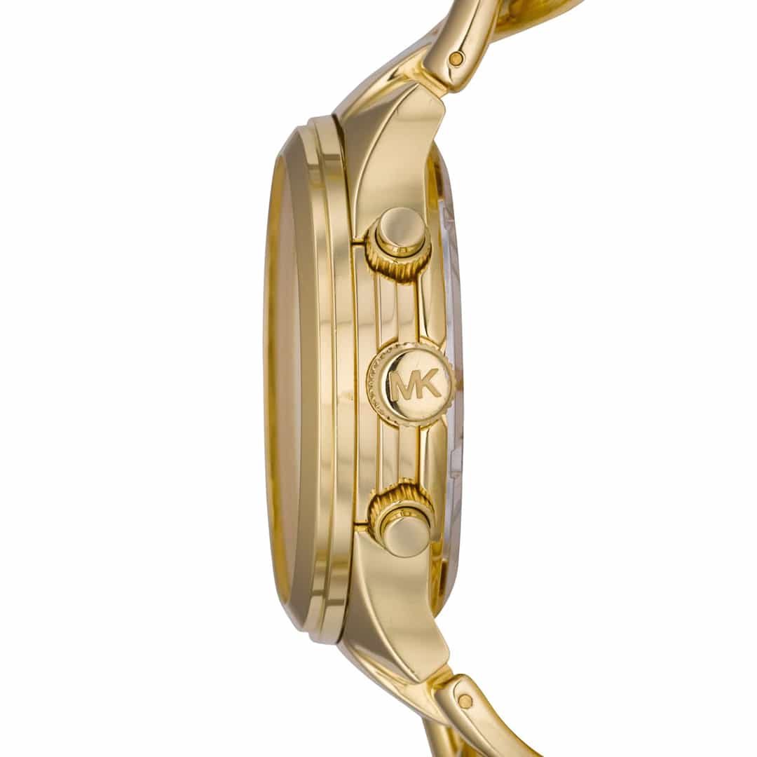Stranski pogled na masivno ohišje z zlatimi gumbi ure Michael Kors Runway Twist MK3131