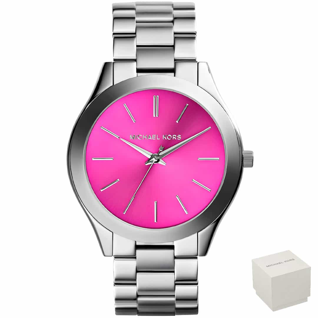 Ženska ura Michael Kors Slim Runway MK3291 z roza številčnico in srebrnim kovinskim paščkom