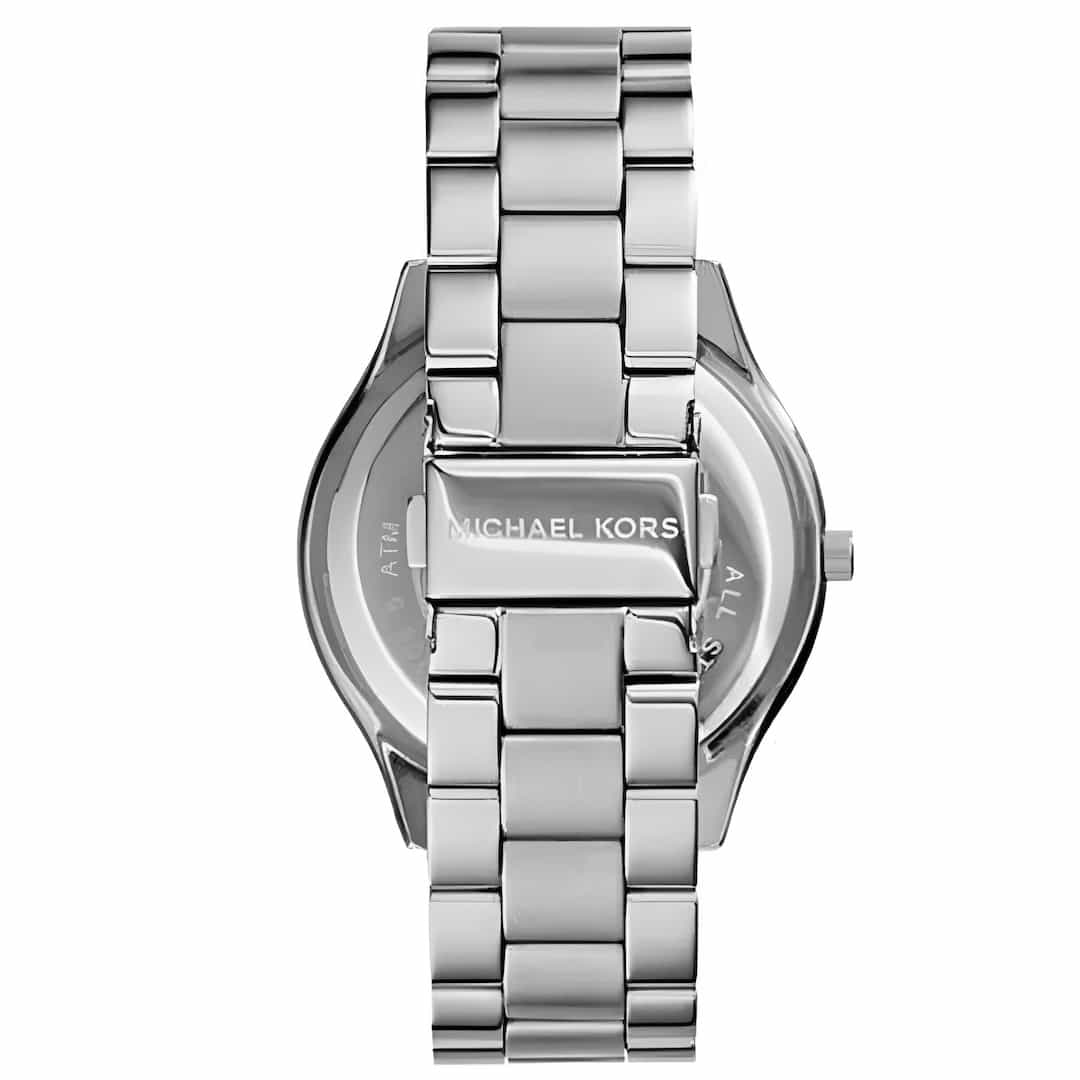 Zadnji del ure Michael Kors Slim Runway MK3291 z vgraviranim logotipom na srebrni zaponki