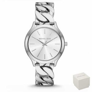 Ženska ura Michael Kors Slim Runway MK7473 s srebrno pleteno zapestnico in belo številčnico