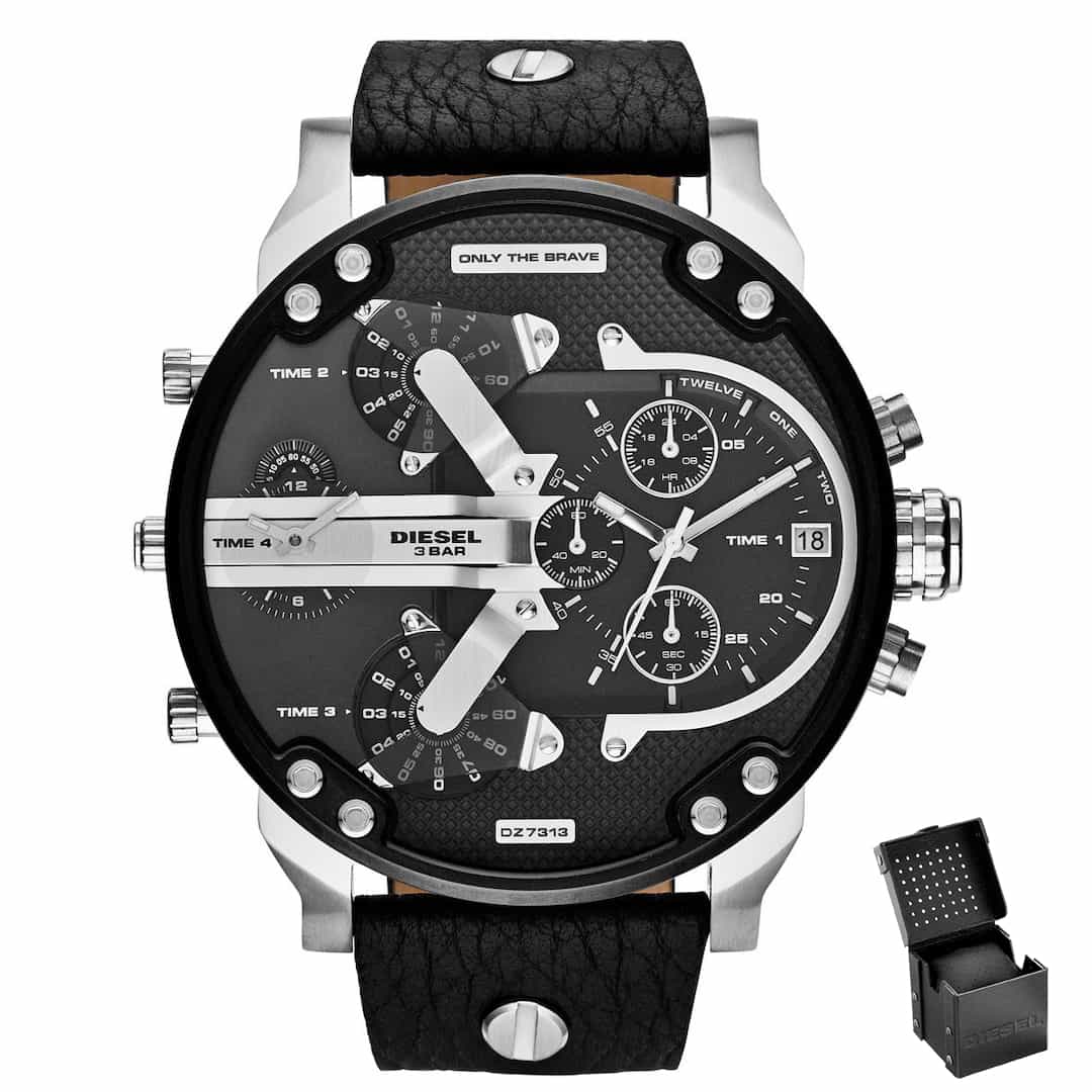 Sprednji pogled na moško ročno uro Diesel Mr. Daddy 2.0 DZ7313 z veččasovnim prikazom in kronografi