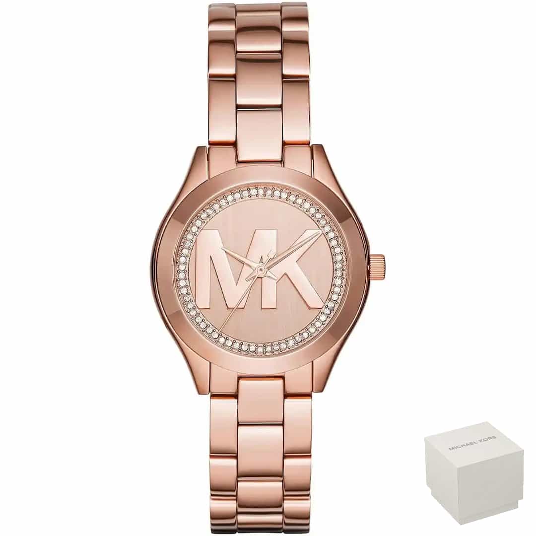 Ženska ura Michael Kors Mini Slim Runway MK3549 v rose gold barvi s kristalčki in velikim MK logotipom.