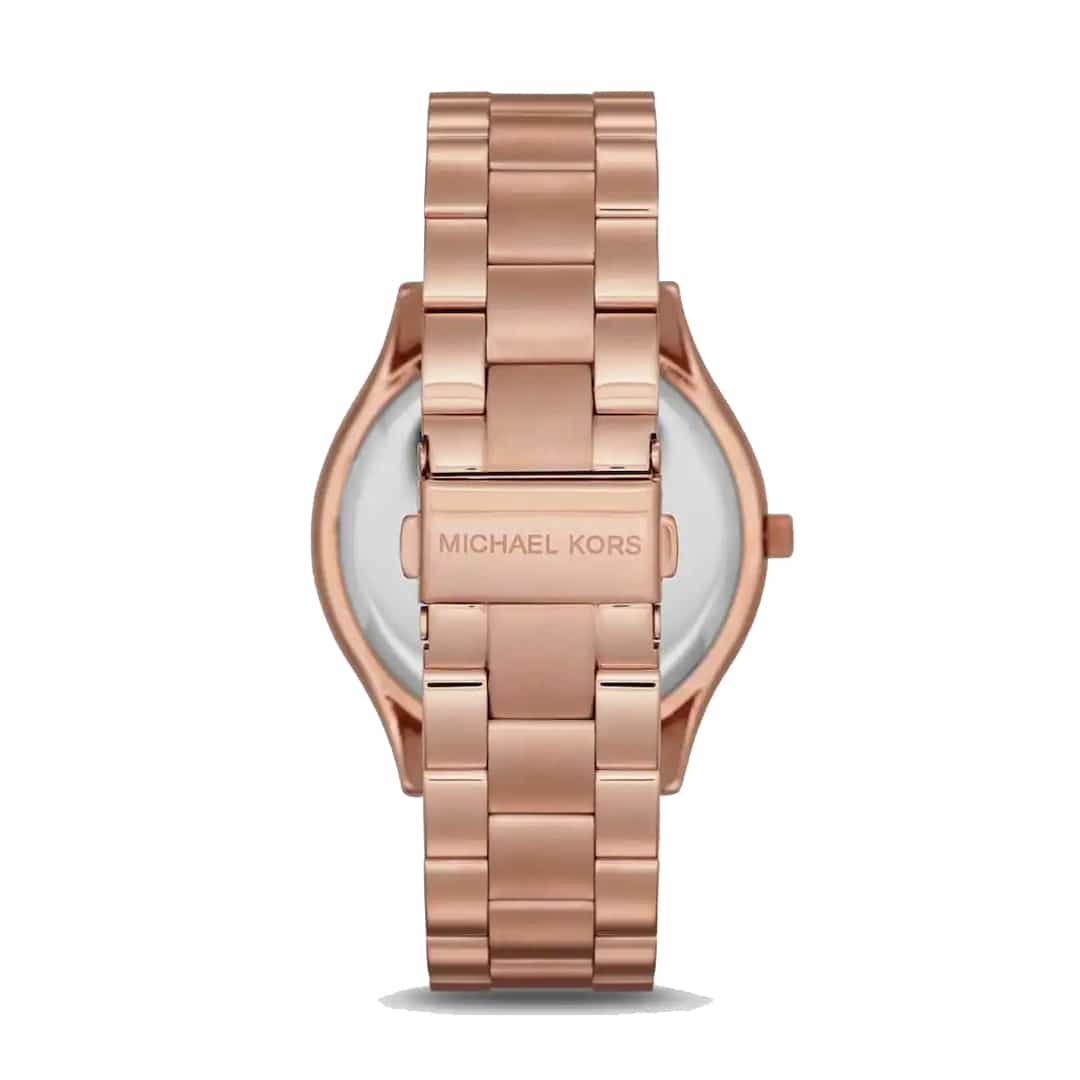 Zaponka ženske ure Michael Kors MK3549 z graviranim napisom Michael Kors v rose gold barvi.