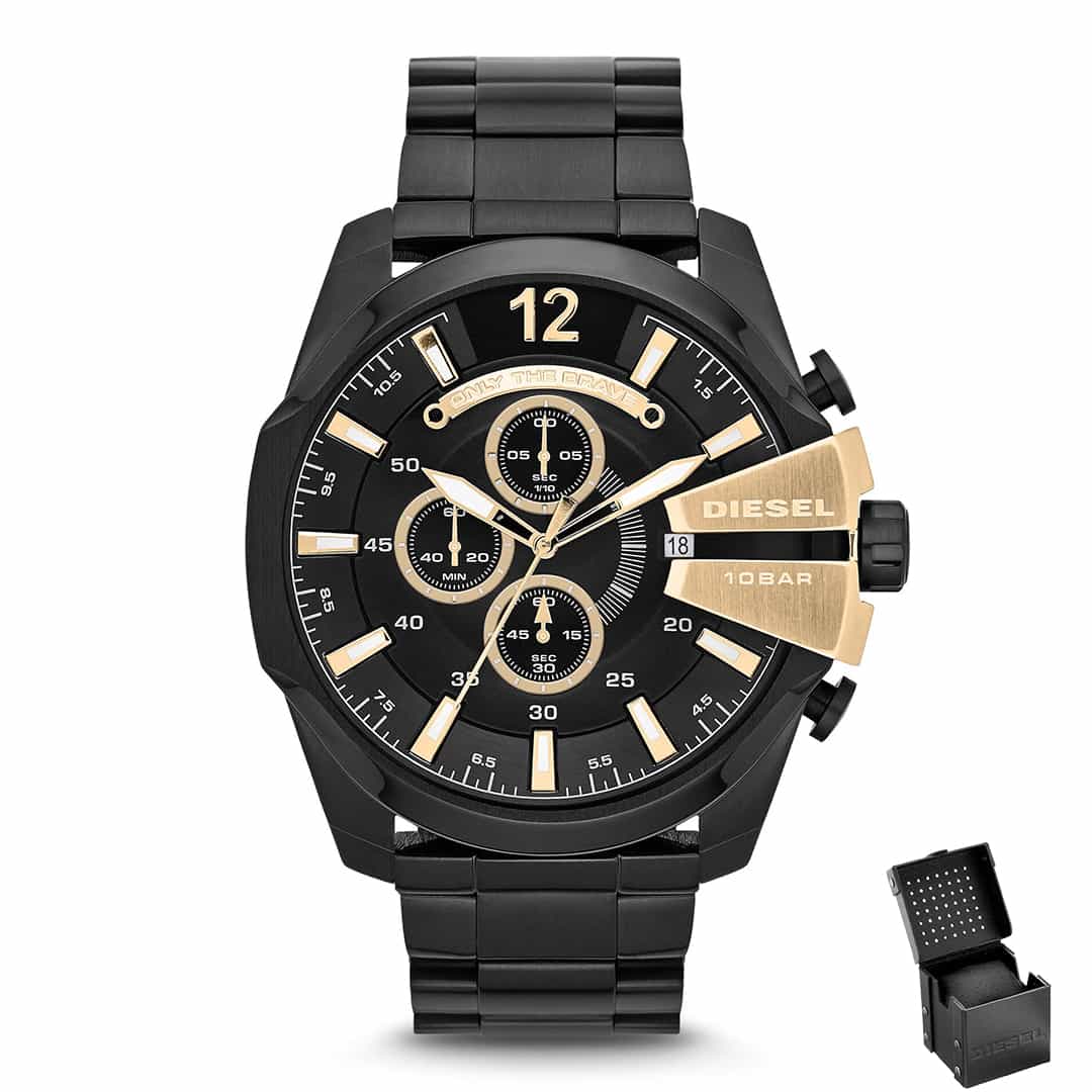 Moška ročna ura Diesel Mega Chief DZ4338 v črno-zlati barvi z darilno škatlico
