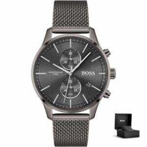 Moška ura Hugo Boss Associate 1513870 s kronografom, temno siva mrežasta zapestnica in priložena darilna škatlica