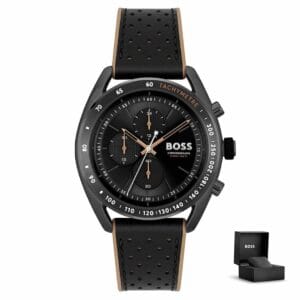 Moška ročna ura Hugo Boss Centre Court 1514022 na zapestju, z usnjeno-silikonskim paščkom in črno številčnico