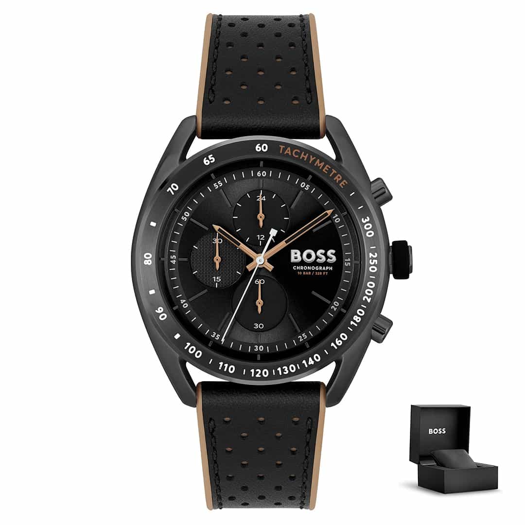 Moška ročna ura Hugo Boss Centre Court 1514022 na zapestju, z usnjeno-silikonskim paščkom in črno številčnico