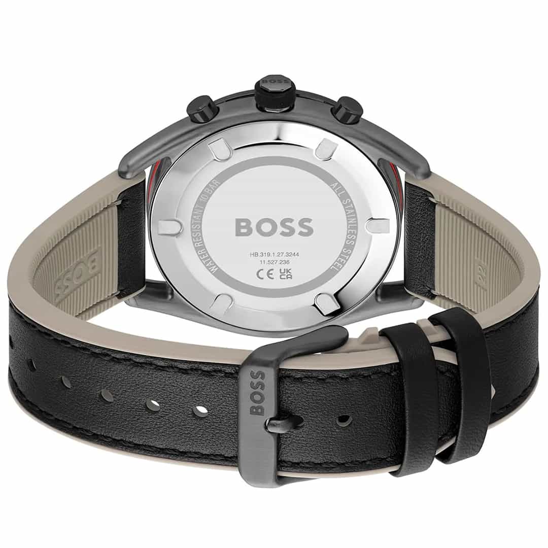 Zadnja stran ure Hugo Boss 1514024 s črnim usnjenim paščkom in kovinsko zaponko