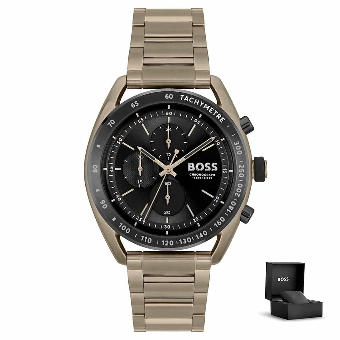 Moška ura Hugo Boss Centre Court 1514027 s škatlico, črno številčnico in svetlo rjavim kovinskim paščkom