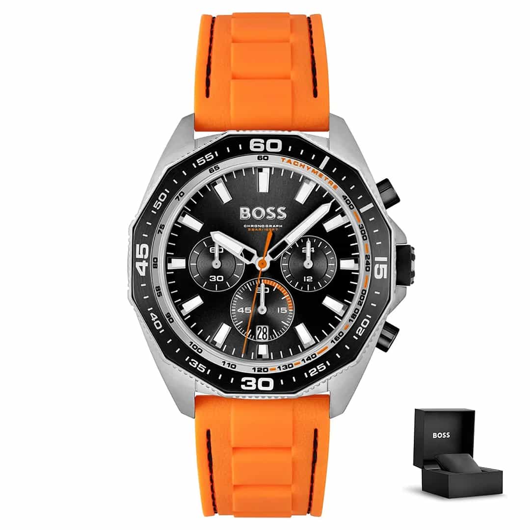 Moška športna ura Hugo Boss Energy Chronograph 1513970 z oranžnim silikonskim paščkom, črno številčnico in darilno škatlico