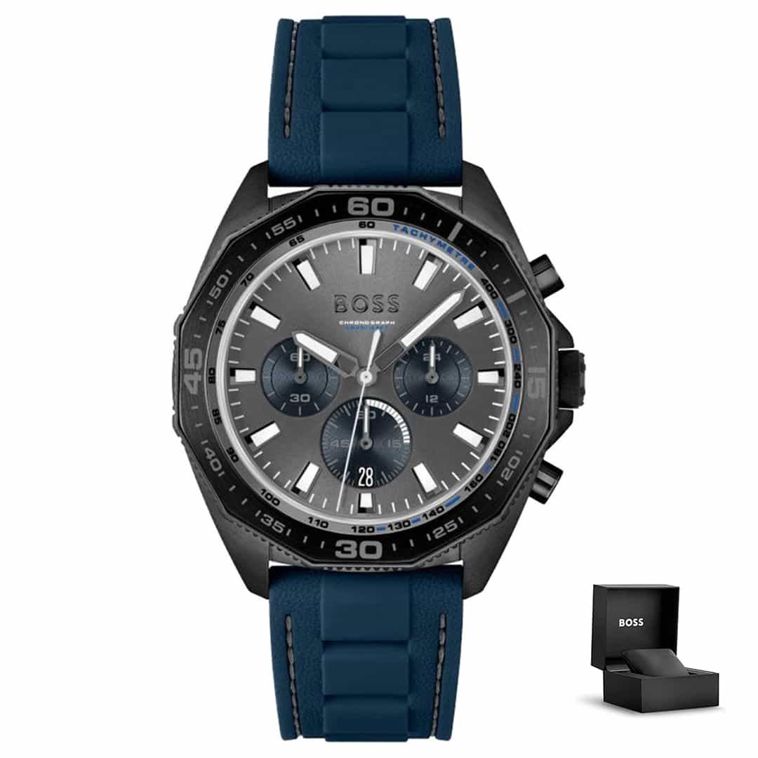 Moška športna ura Hugo Boss Energy Chronograph 1513972 s temno modrim silikonskim paščkom, temno sivo številčnico in darilno škatlico