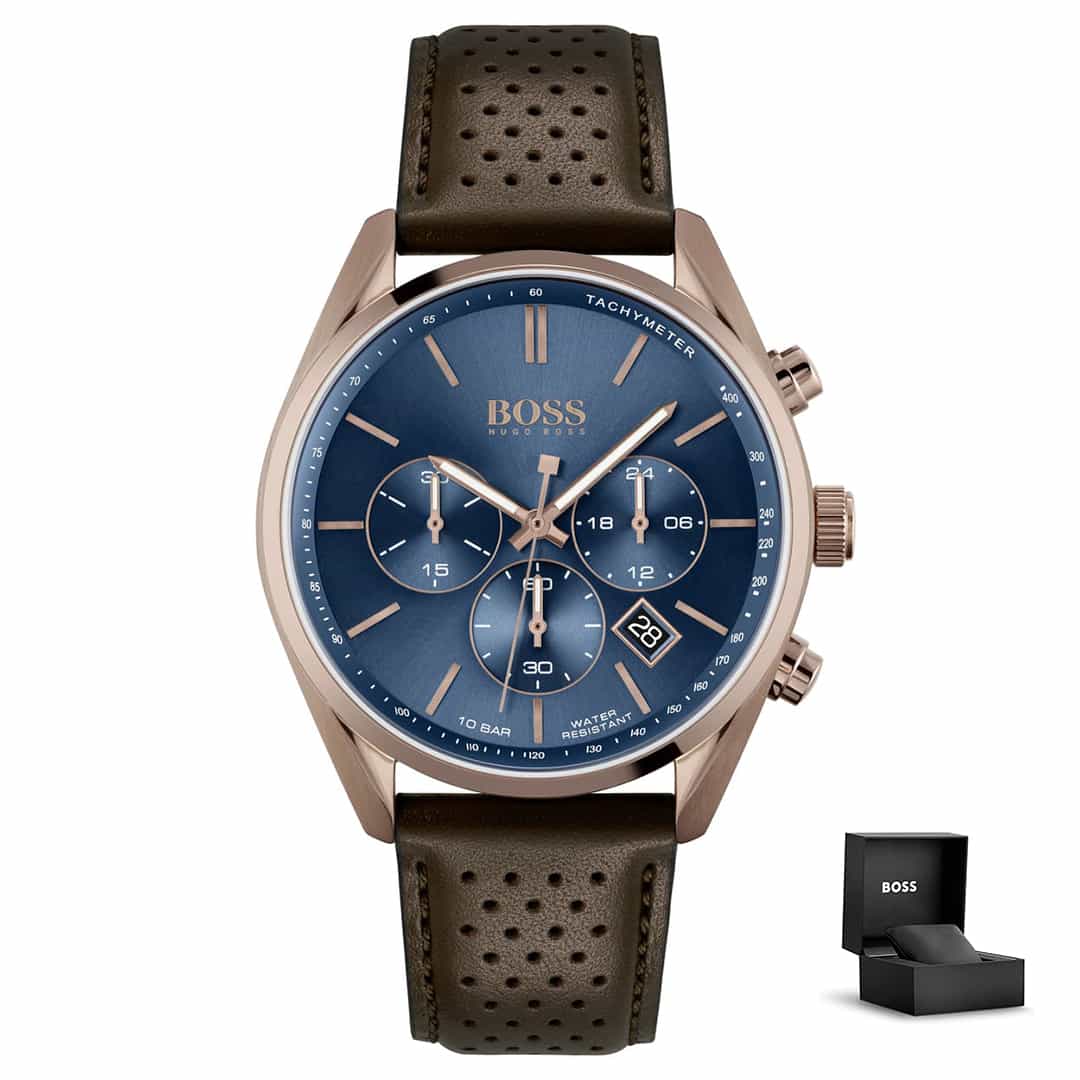 Moška ura Hugo Boss Champion 1513817 z modro številčnico, rose gold ohišjem, usnjenim paščkom in darilno škatlico