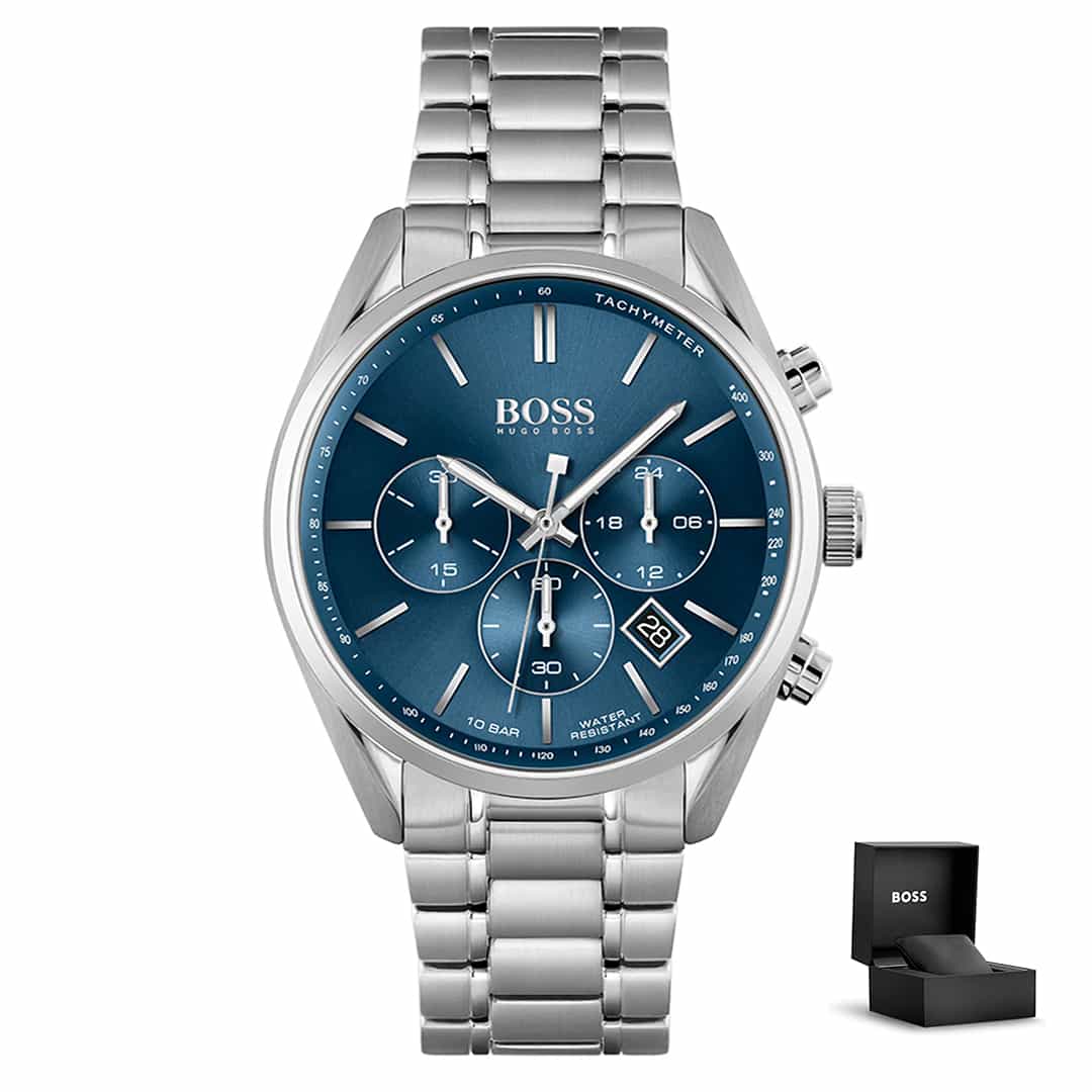 Moška ura Hugo Boss Champion 1513818 z modro številčnico, srebrnim kovinskim paščkom, kronografom in darilno škatlico