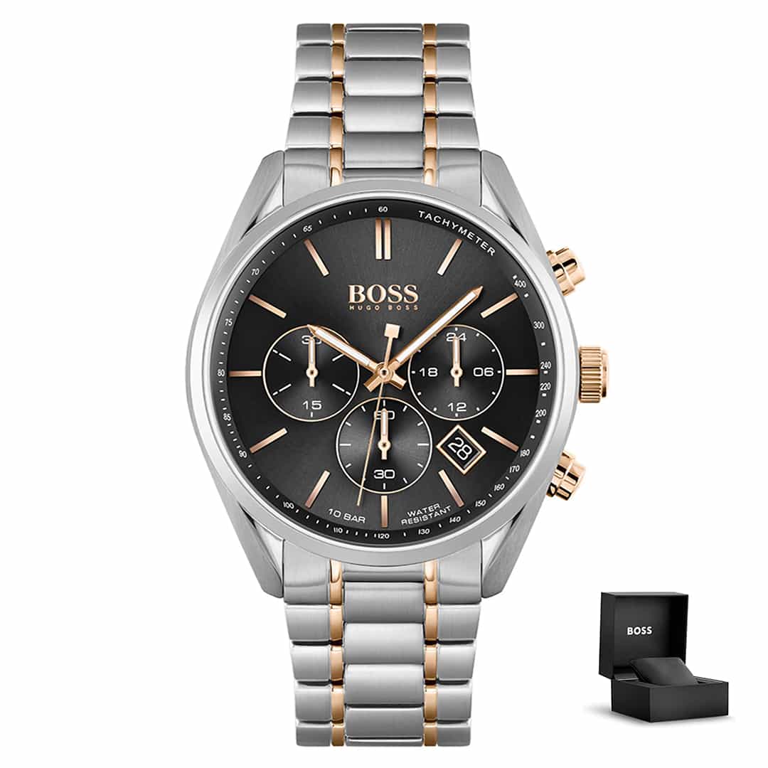 Moška ura Hugo Boss Champion 1513819 s srebrno-rose gold kovinskim paščkom, črno številčnico, kronografom in darilno škatlico