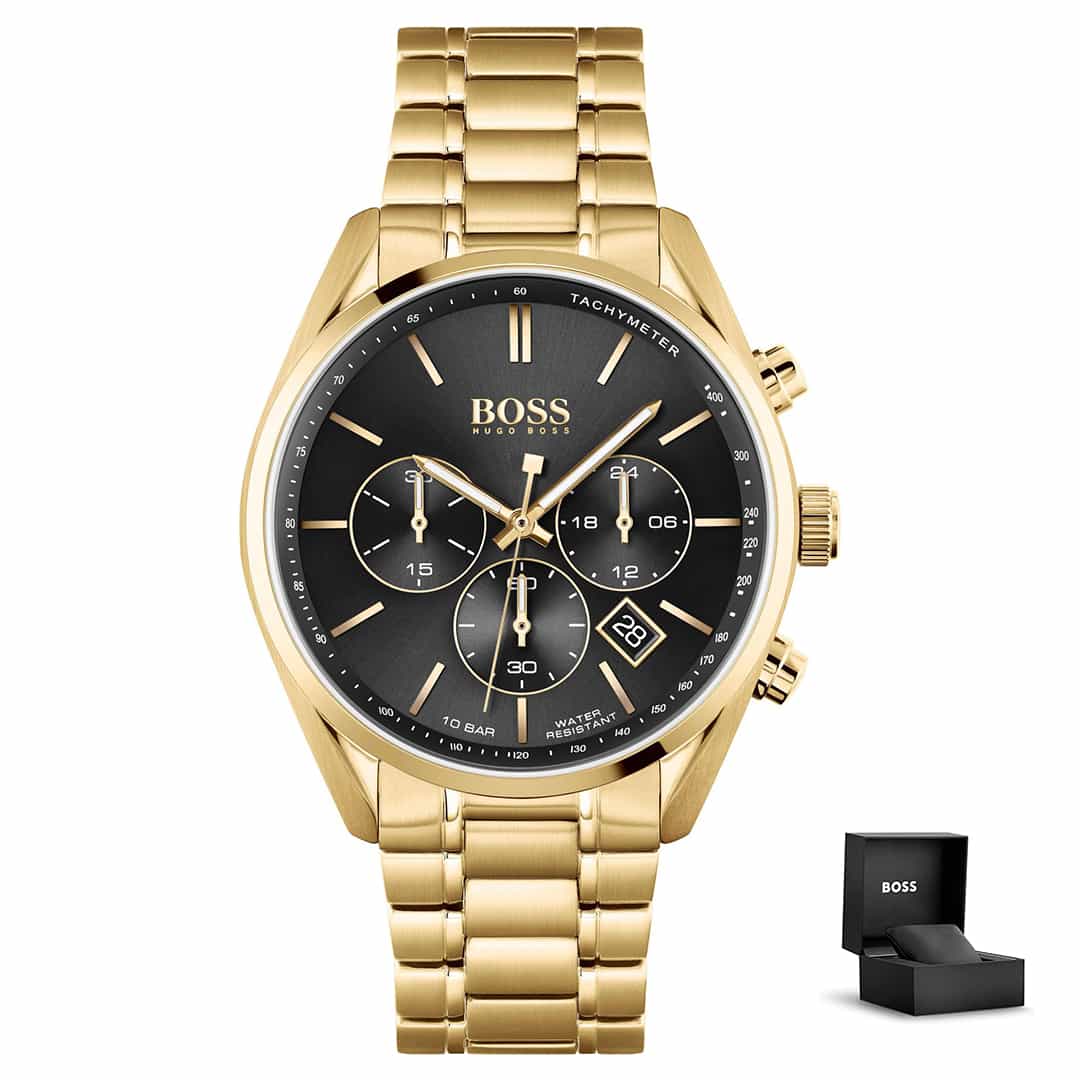 Moška ura Hugo Boss Champion 1513848 v zlati izvedbi s črno številčnico, kronografom in darilno škatlico