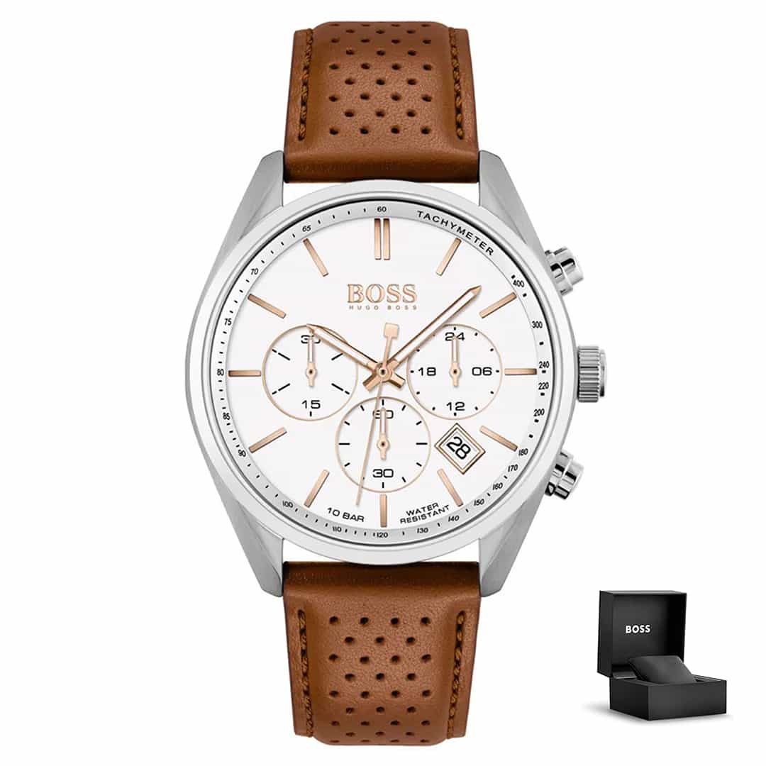 Moška ura Hugo Boss Champion 1513879 z belo številčnico, srebrnim ohišjem, svetlo rjavim usnjenim paščkom in darilno škatlico