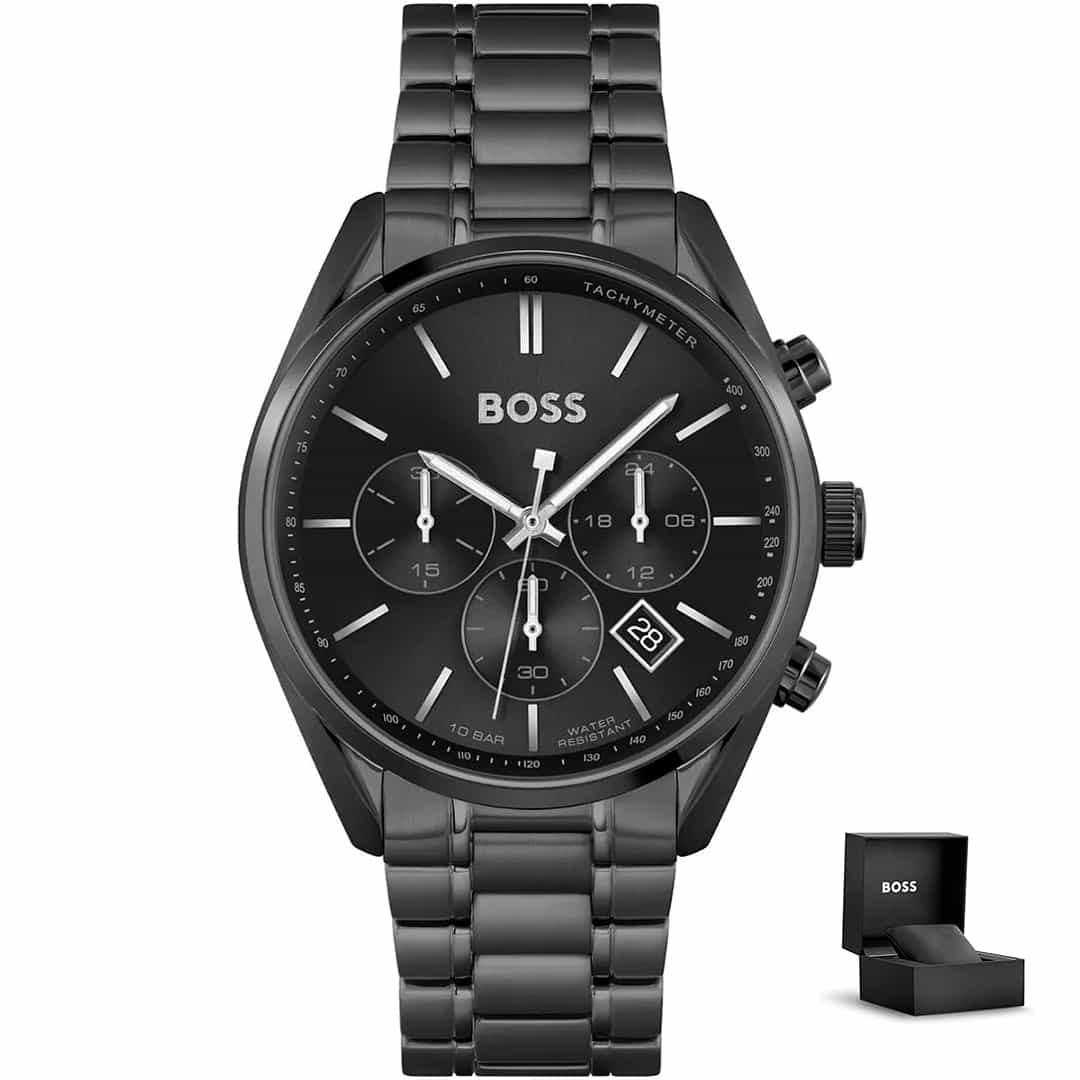 Moška ura Hugo Boss Champion 1513960 v popolnoma črni izvedbi s kronografom in darilno škatlico