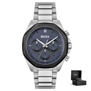 Moška ura Hugo Boss Cloud 1514015 s škatlico – modra številčnica, kovinski pašček in črno-srebrno ohišje