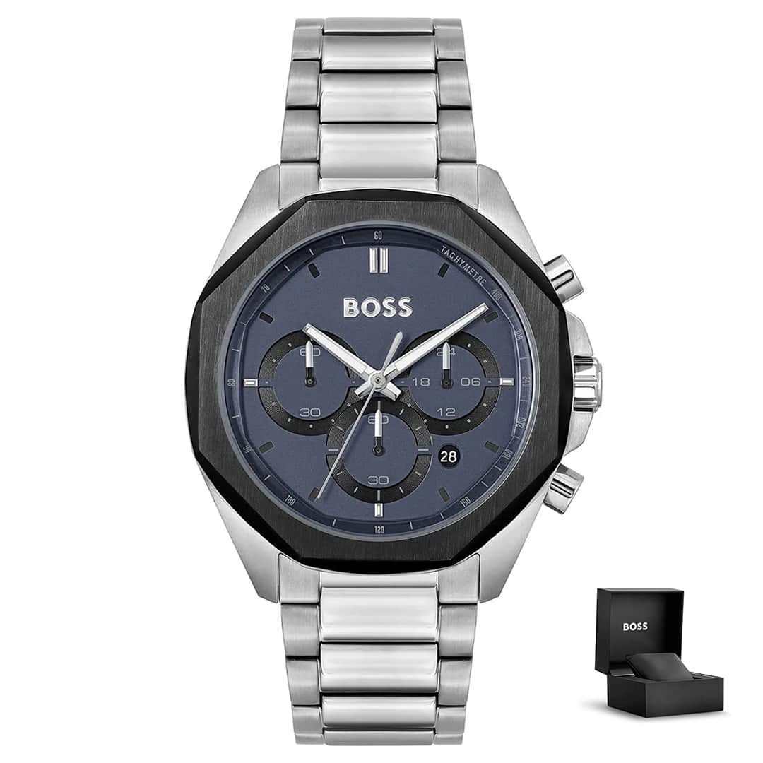 Moška ura Hugo Boss Cloud 1514015 s škatlico – modra številčnica, kovinski pašček in črno-srebrno ohišje