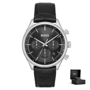 Hugo Boss Gregor 1514049 s škatlico – črna številčnica in usnjen pašček