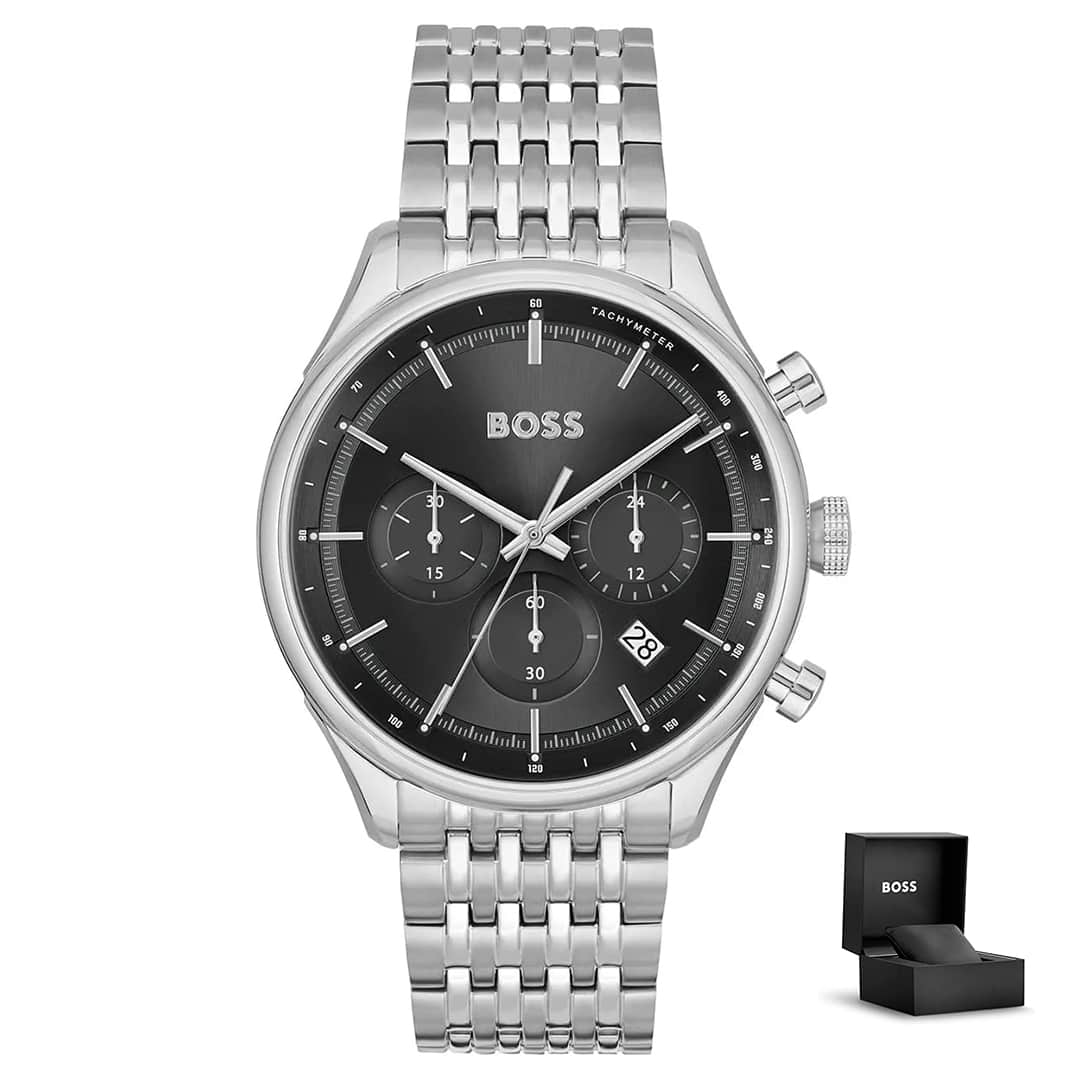 Hugo Boss Gregor 1514082 z darilno škatlico – elegantna srebrna ura s črno številčnico in kronografom