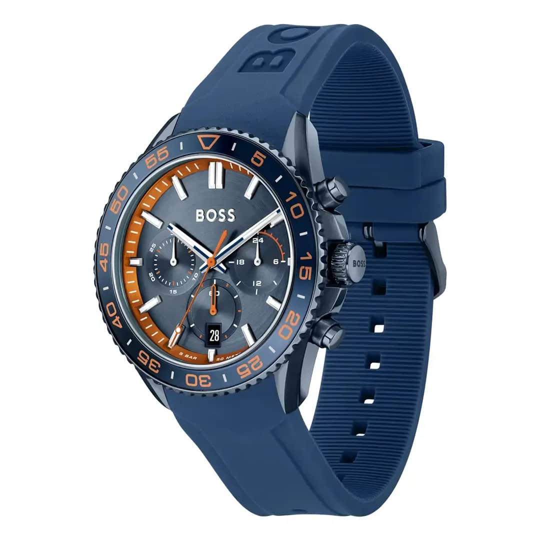 Hugo Boss Runner 1514142 – pogled od strani, temno modra številčnica in oranžen obroč