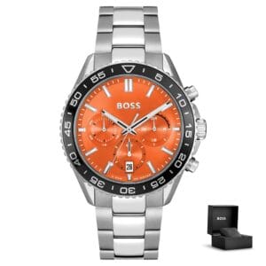 Moška ura Hugo Boss Runner 1514162 s škatlico – oranžna številčnica in kovinska zapestnica