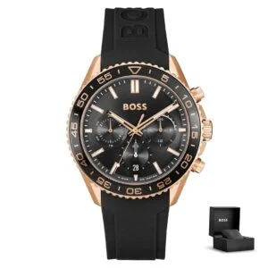 Moška ura Hugo Boss Runner 1514168 z rožnato-zlatim ohišjem, črno številčnico in silikonskim paščkom, prikazana z originalno darilno škatlico.