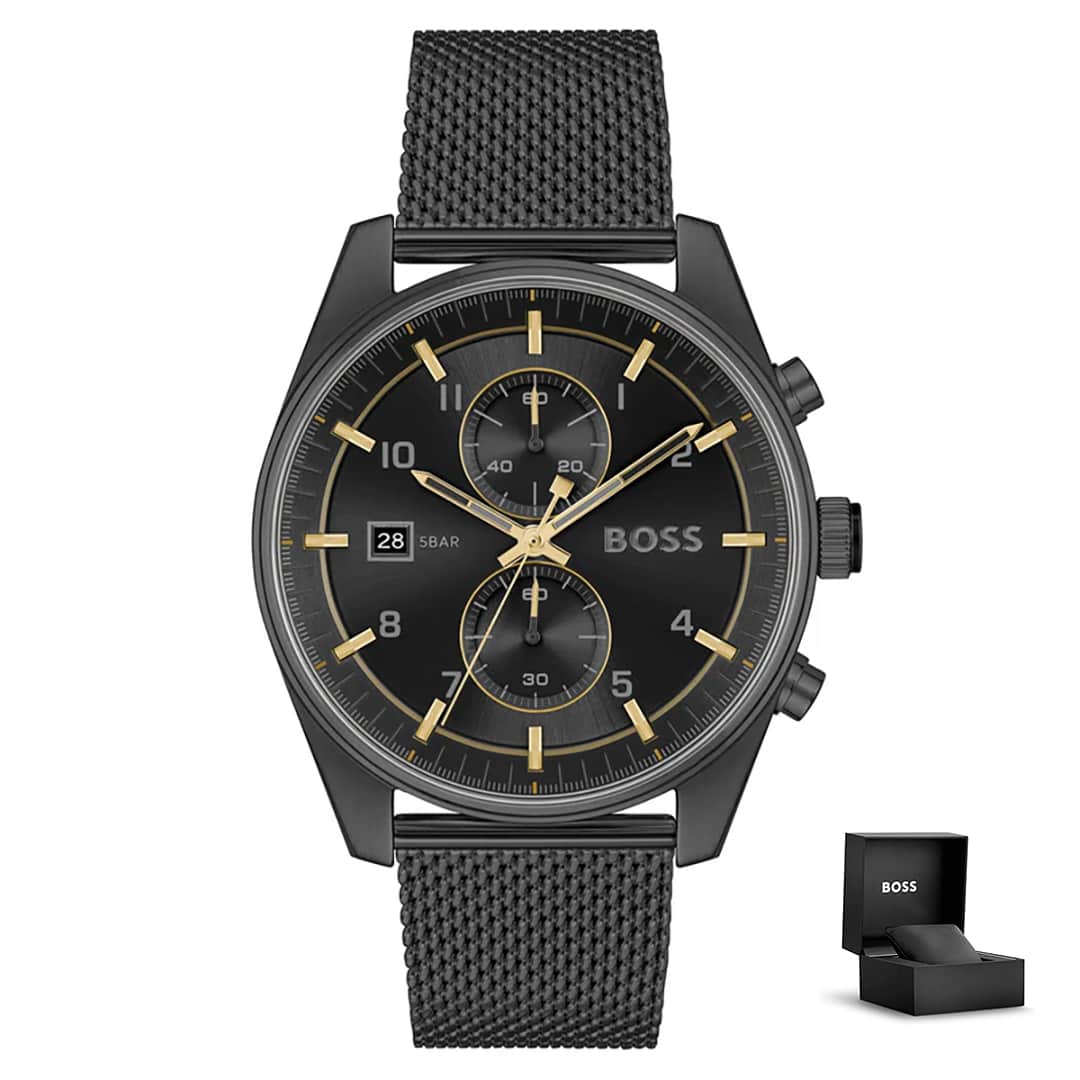 Moška ura Hugo Boss Skytraveller 1514150 z mrežasto črno zapestnico in zlatimi detajli, poleg originalne škatlice