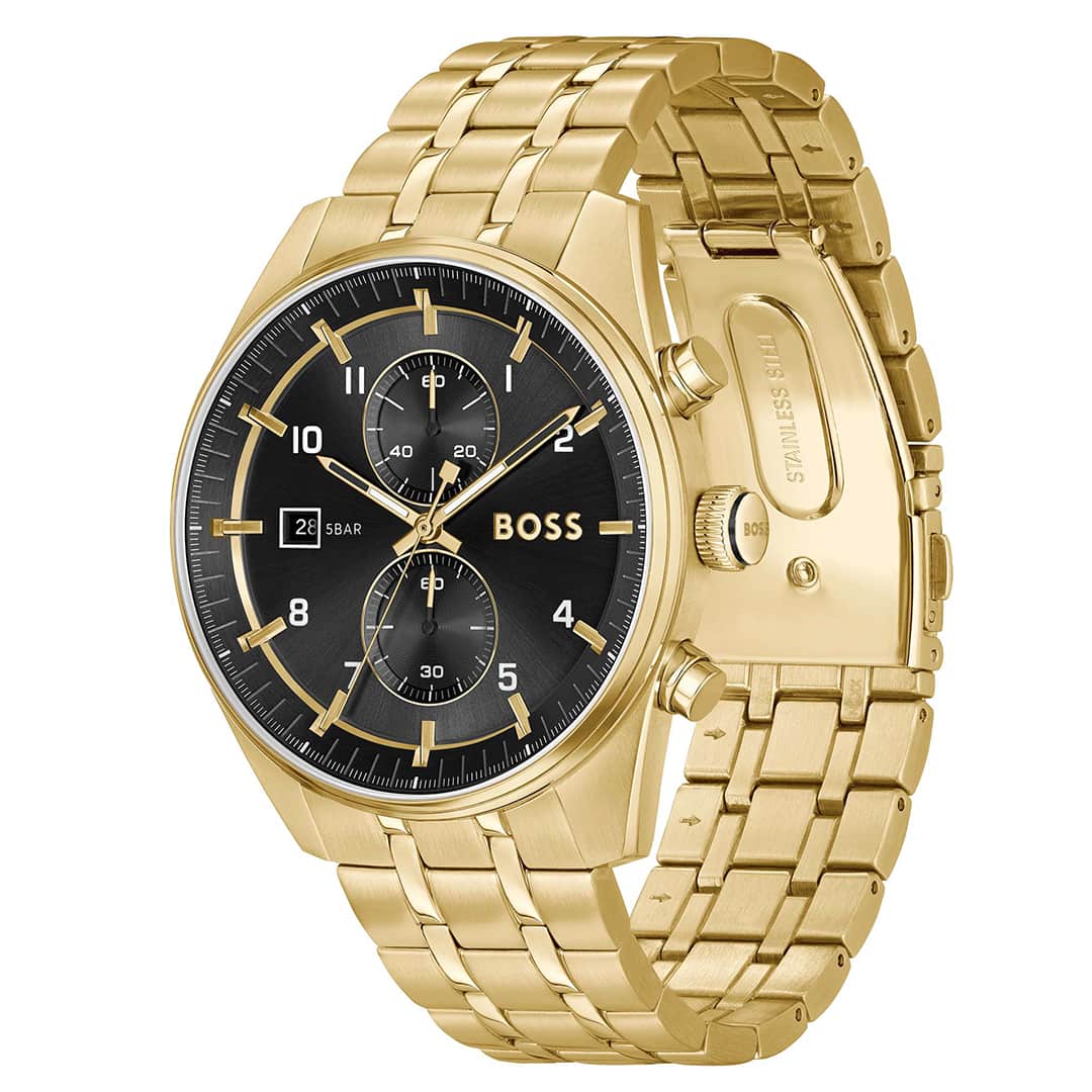 Bočni pogled na zlato uro Hugo Boss Skytraveller 1514152 s črno številčnico